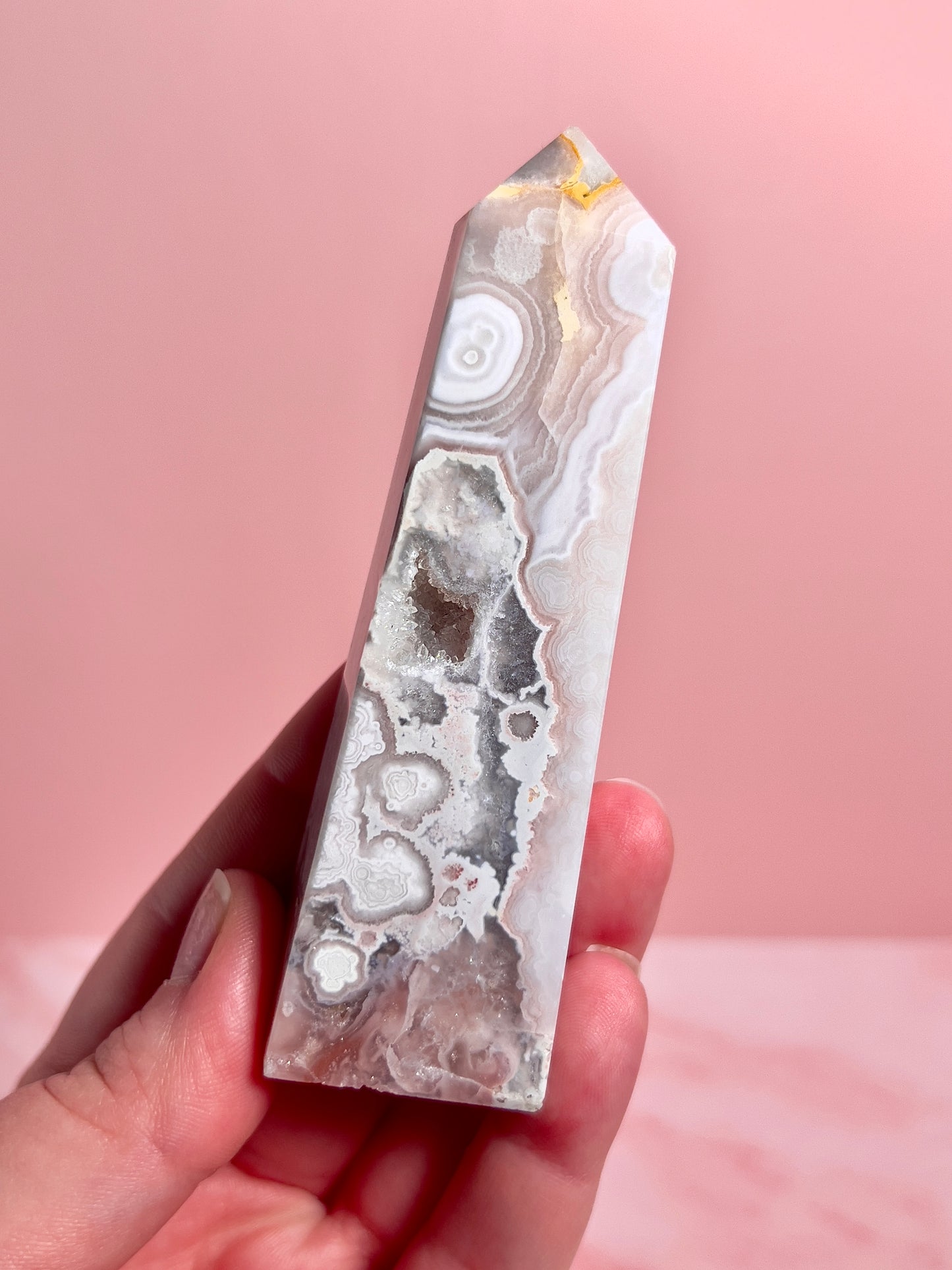 Flower Agate and Pink Amethyst Tower