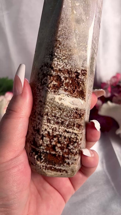 Pastel Lavender Orby Sea Jasper Tower with Red Druzy